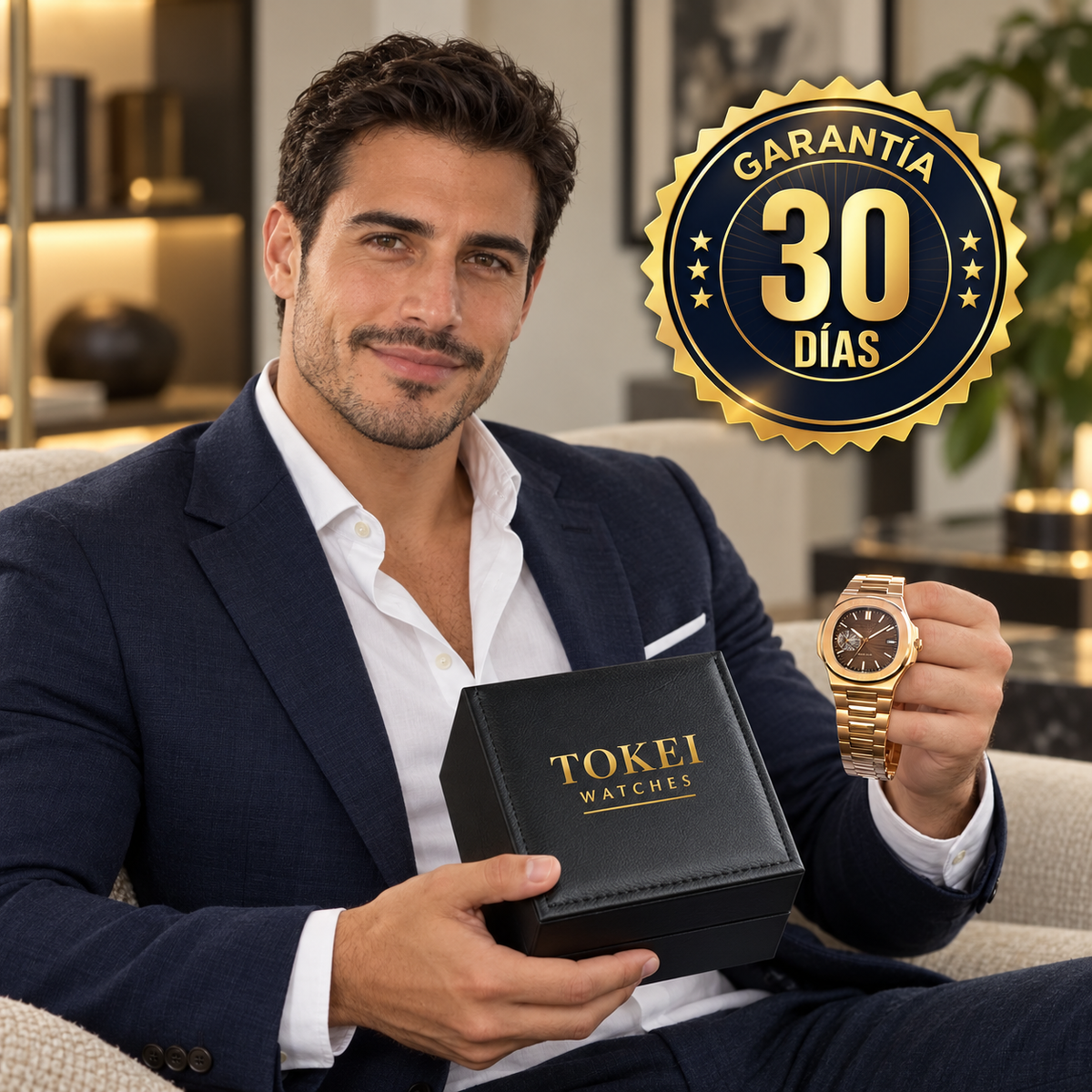 Presentación de Tokei Watches con caja de reloj y garantía de 30 días